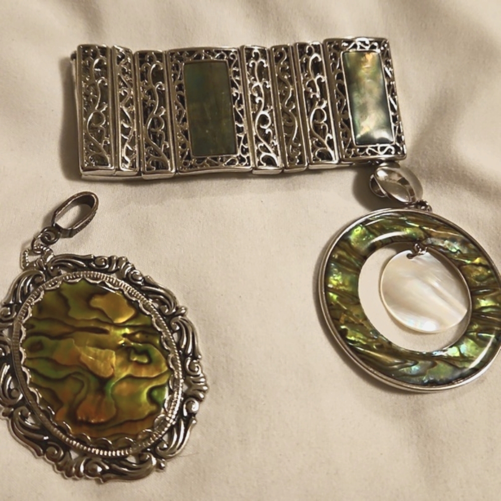 Lia Sophia Mother of Pearl Bracelet and Two Pendant Set Silver Tone Metal